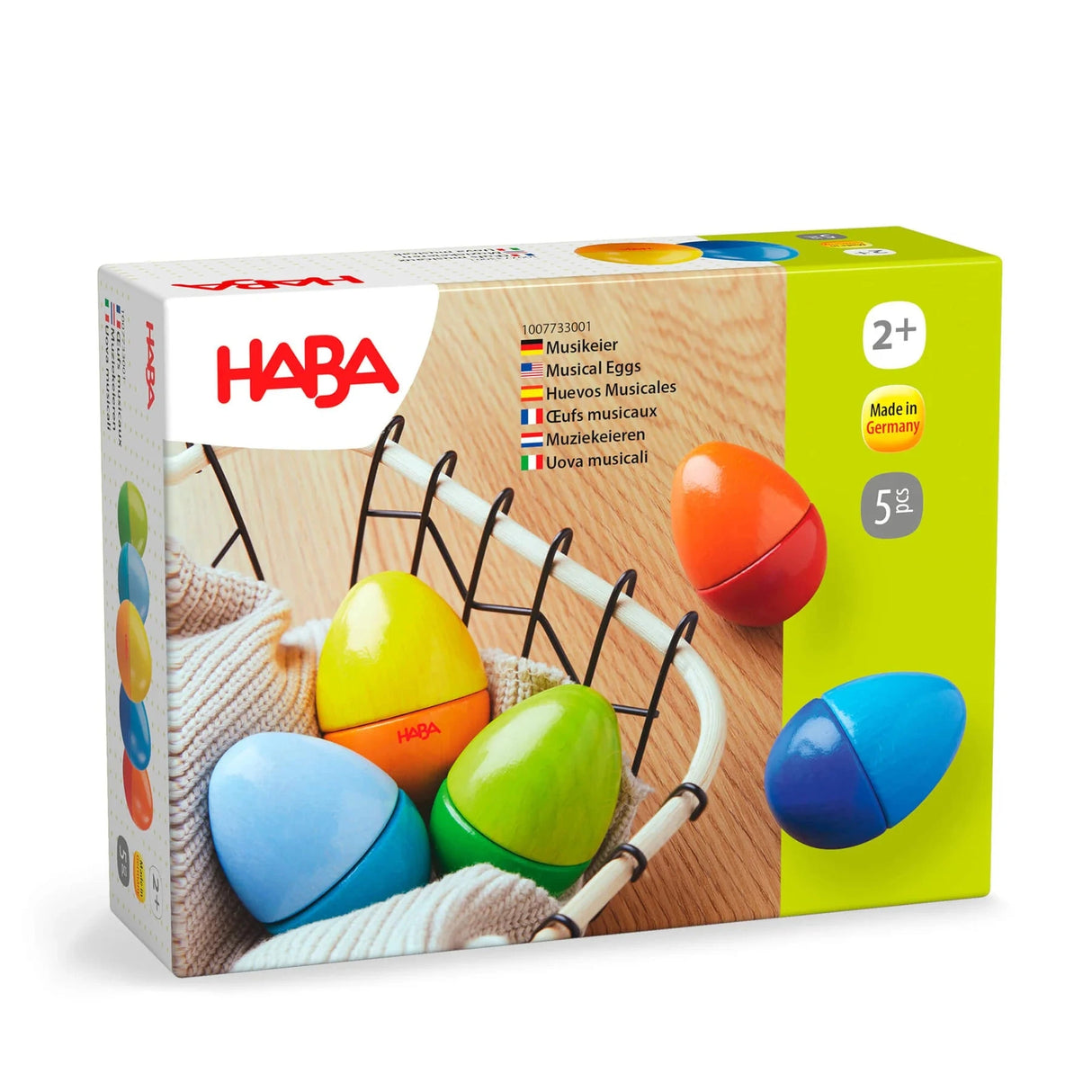Box of colorful wooden musical eggs for toddlers aged 2 and up, designed for sensory and auditory play.
