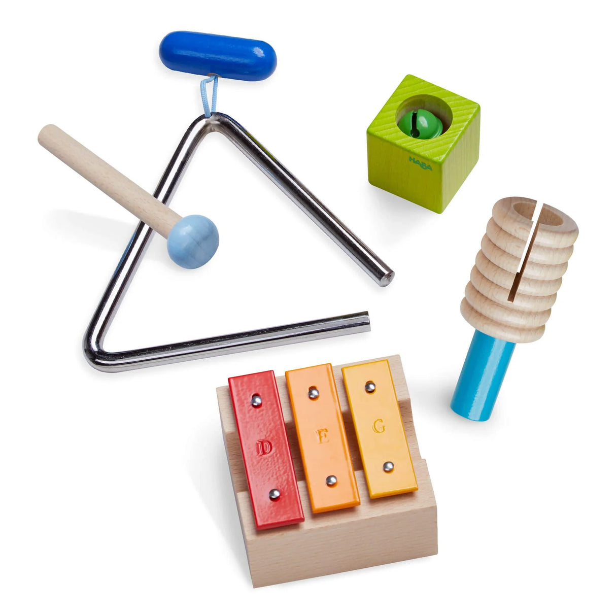Musical Sounds Musical Joy Play Set with triangle, jingle block, mini metallophone, guiro, and mallet for toddlers.