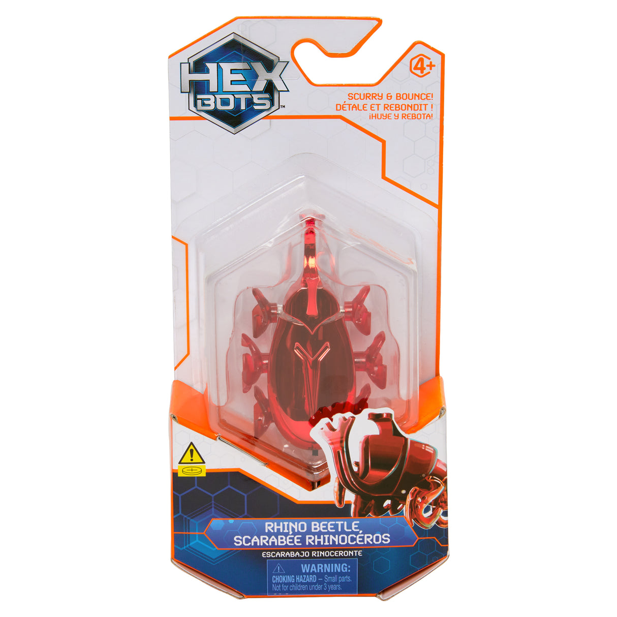 Hex Bots Rhino Beetle robotic toy in red with six wheels and rhino beetle design, packaged for ages 4 and up.