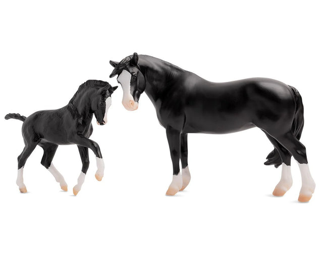 Nistar Blazing Kansas LOM & GTF Blazing Ethel model horses in black with white markings, 1:9 scale collectible set.