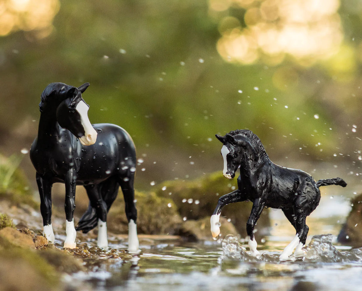 Nistar Blazing Kansas LOM & GTF Blazing Ethel model ponies splashing in a shallow natural stream.