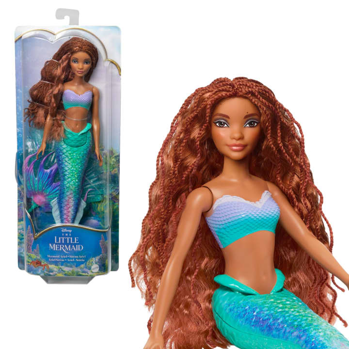 Disney The Little Mermaid doll featuring Ariel with long hair and a colorful mermaid tail in packaging and out of the box.