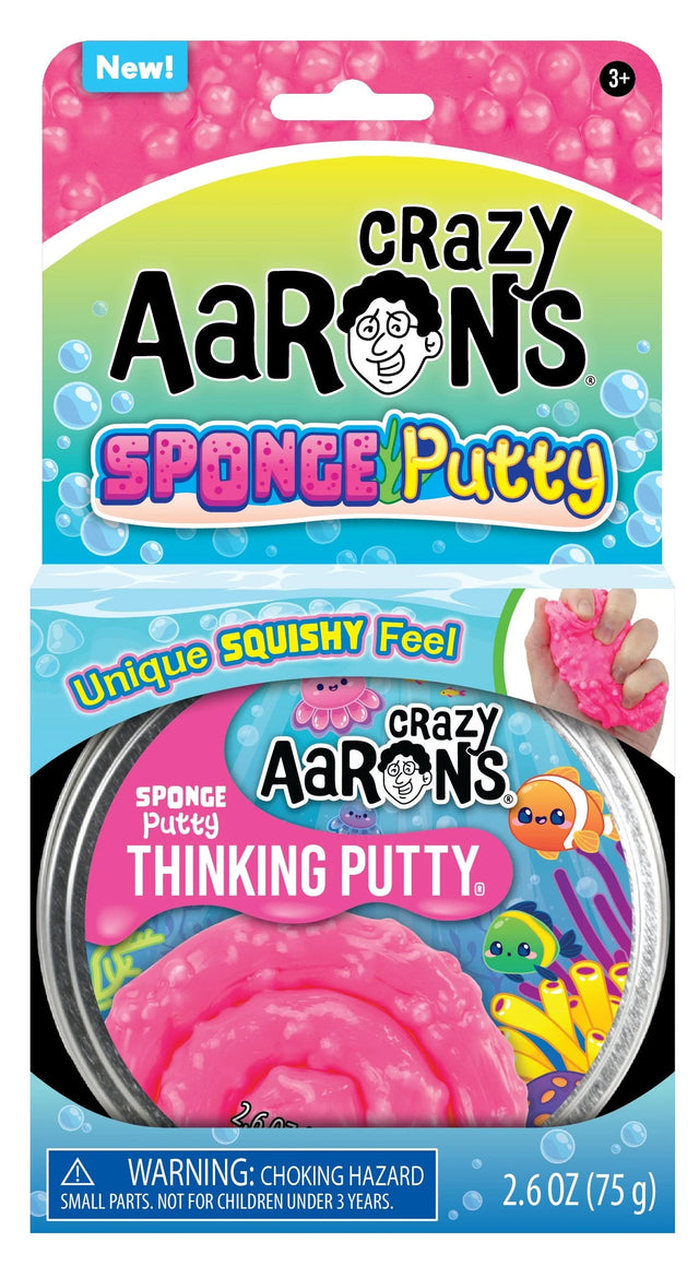 Crazy Aaron's Sponge Putty Thinking Putty in bright pink with a bubbly texture in packaging.