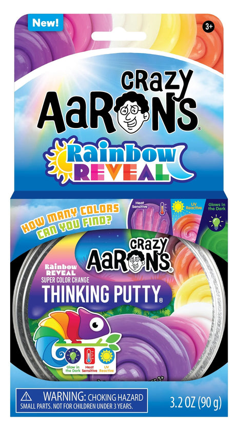 Super Color Change Rainbow Reveal Thinking Putty packaging showing vibrant rainbow colors, glow in the dark and heat sensitive features.