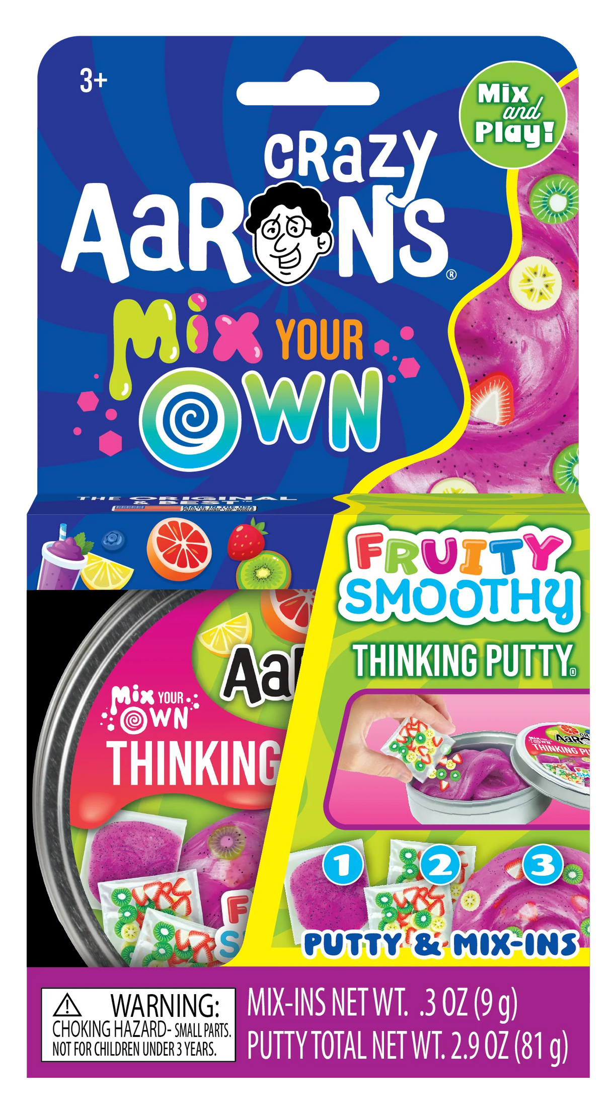 Colorful Fruity Smoothy thinking putty with mix-in packets in vibrant packaging featuring fruit illustrations and play instructions.