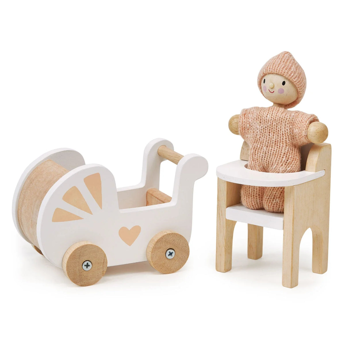 Wooden doll in pink knitted outfit with wooden pram and highchair from the Doll House Nursery Set for children aged 3 and up