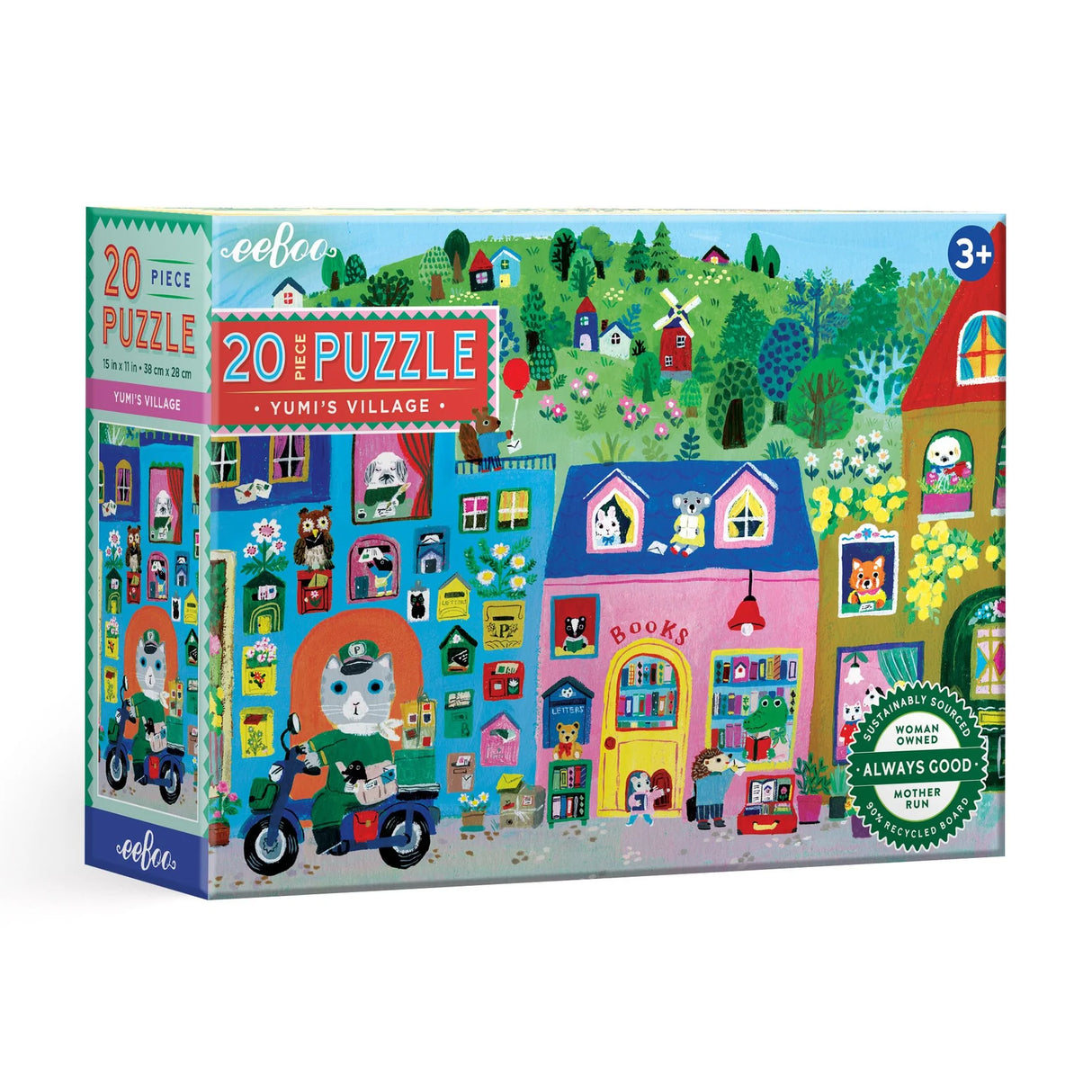 Colorful 20-piece children's puzzle featuring whimsical animal characters in a vibrant village scene with houses and greenery