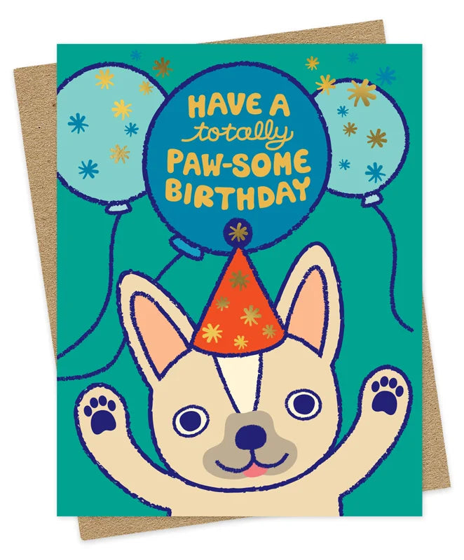 Paw-Some Frenchie Birthday Card with a cute French bulldog, party hat, balloons, and metallic gold foil details.