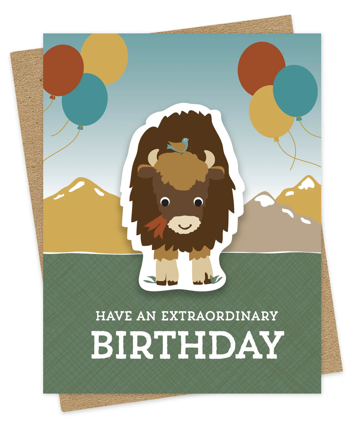 Bison Sticker Birthday Card featuring a cute bison sticker and balloons on a scenic mountain background.