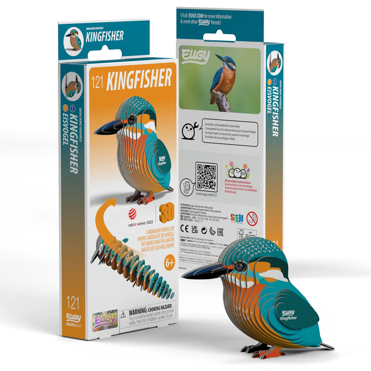 EUGY | Kingfisher 3D puzzle made from eco-friendly cardboard, assembled model of vibrant Kingfisher bird.