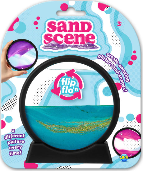 Sand Scene flip and turn sand art decor with blue and gold glitter sands creating relaxing shore landscapes.