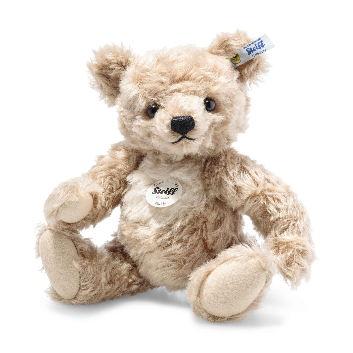 Teddy Bear Paddy plush with light golden-brown mohair fur, white chest piece, and posable limbs, handcrafted and child-safe.