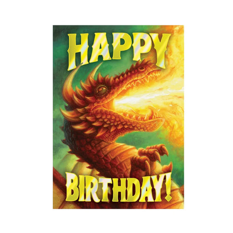 Dragon Foil Card featuring a fiery dragon breathing flames with "Happy Birthday!" in bold yellow lettering.