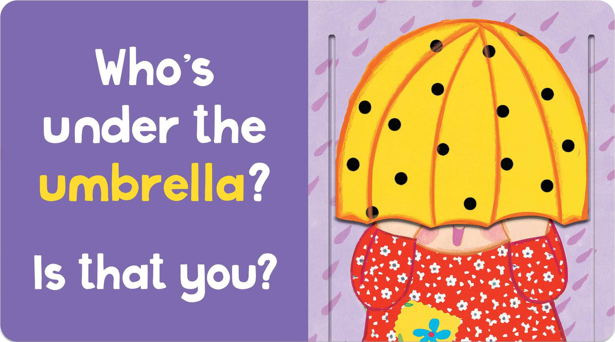 Peek-a-Baby board book page with a child hiding under a yellow polka dot umbrella flap.
