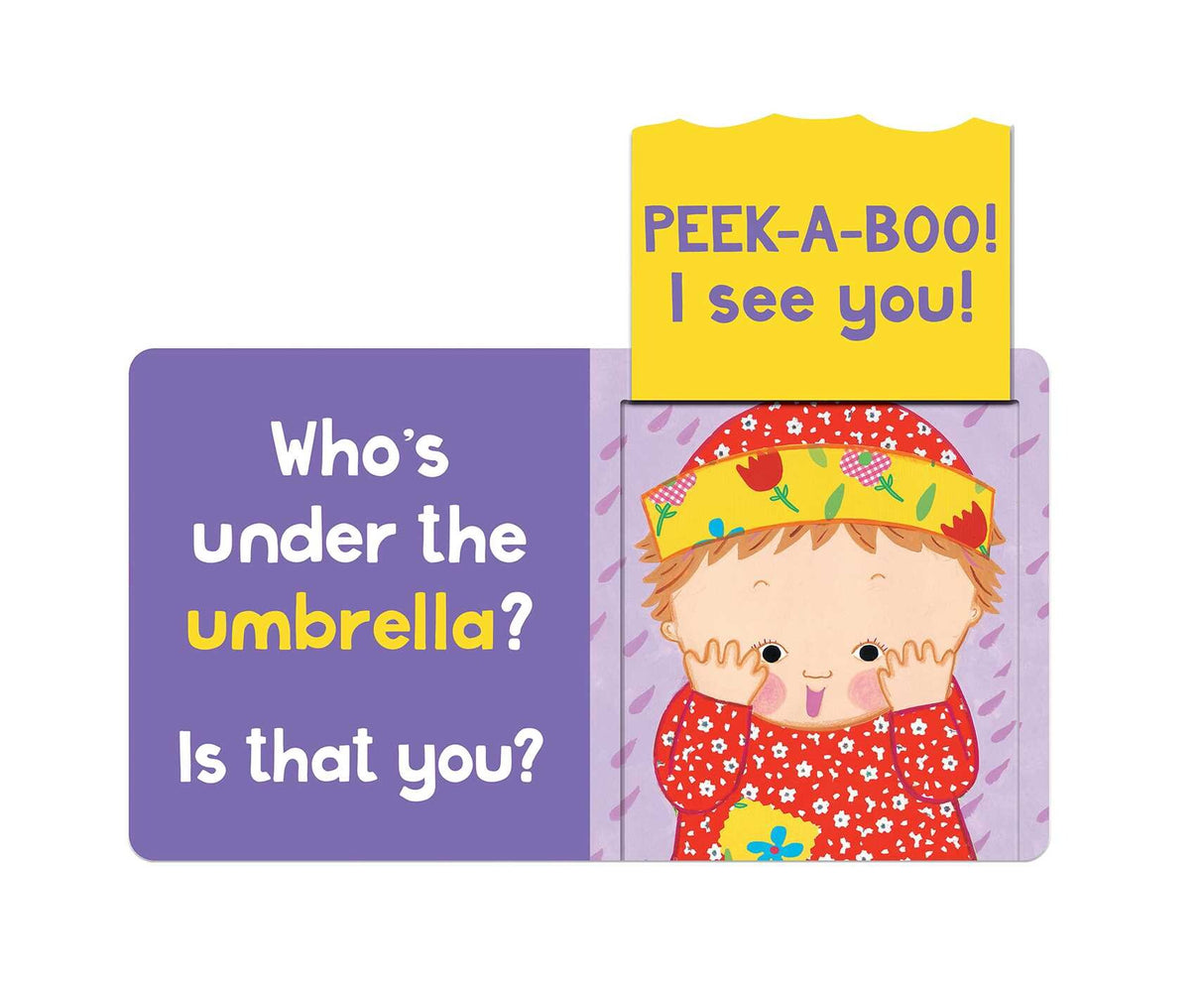 Peek-a-Baby board book showing a baby behind a flap with text “Who’s under the umbrella? Is that you?”