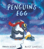 Penguin’s Egg book cover shows a penguin in a red scarf looking at an egg on snowy ground under a starry sky.