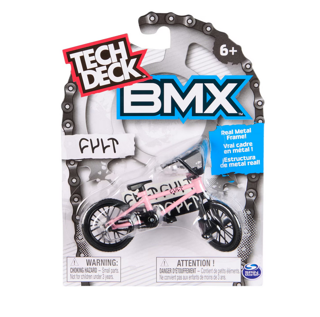 Tech Deck BMX Bike in pink with real metal frame and trick handlebars, packaged for ages 6 and up.