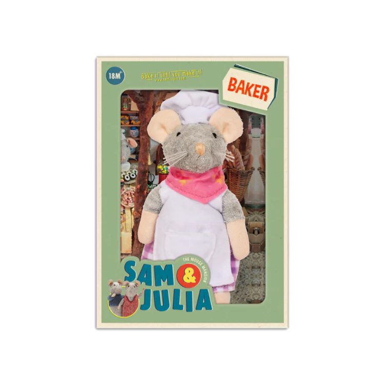 Sam & Julia | The Baker plush mouse wearing a baker's hat, dress, and apron in packaging.