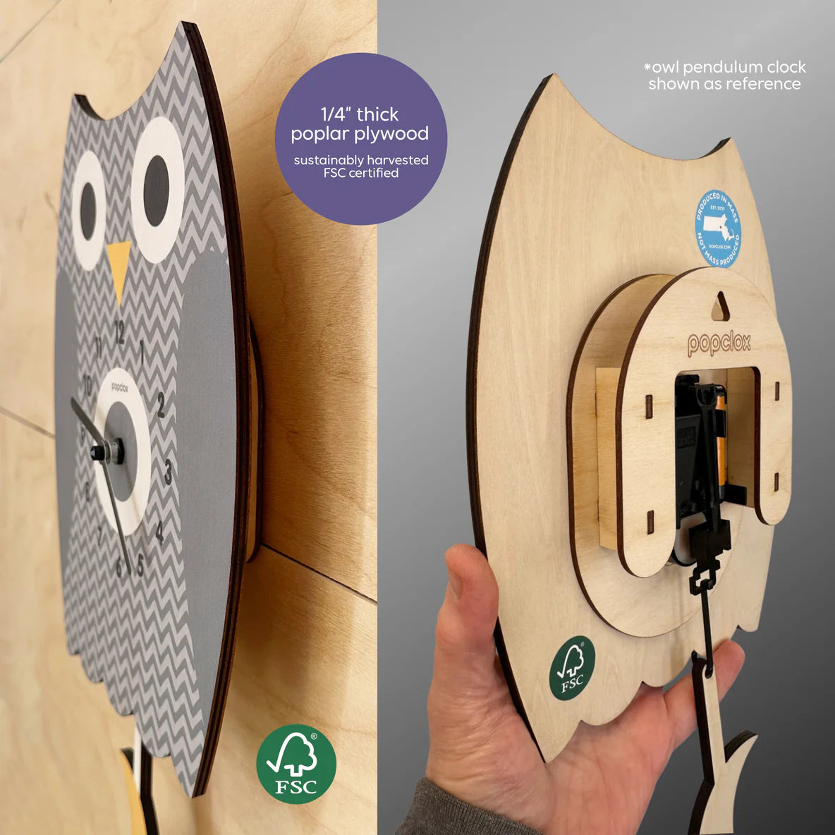 Side and back views of a wooden owl wall clock made from 1/4-inch poplar plywood with a pendulum mechanism