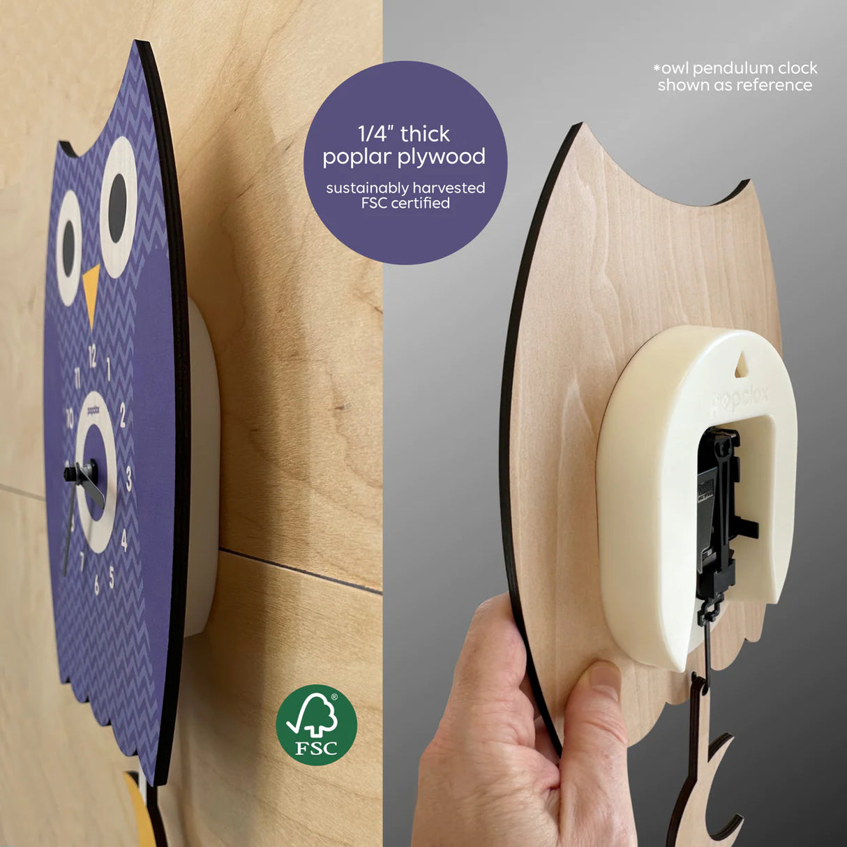 Wood Pendulum Clock | Lobster showing 1/4" thick laser cut poplar plywood with silent quartz pendulum movement.