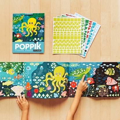 Poppik Sticker Panorama Aquarium showing colorful tropical fish and marine animals with sticker sheets and ocean scene.