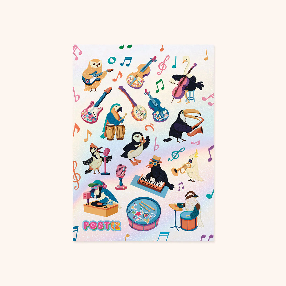 Sheet of colorful bird-themed stickers playing various musical instruments on a light background