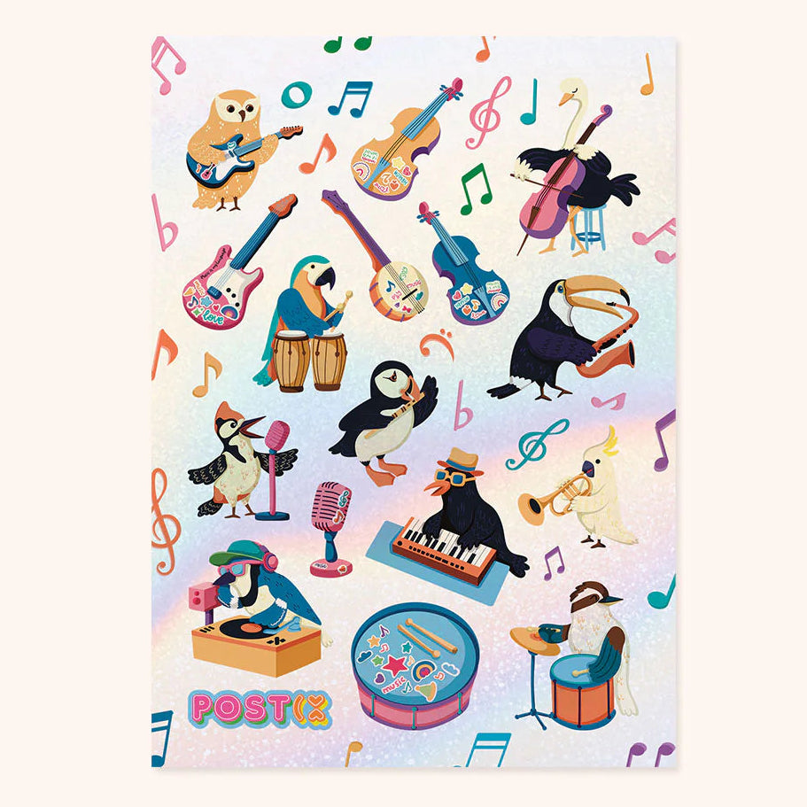Sheet of colorful bird-themed stickers playing various musical instruments on a light background
