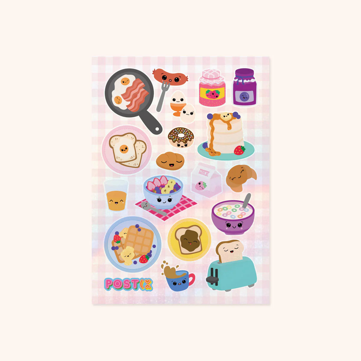 Sheet of kawaii breakfast-themed glossy stickers featuring smiling toast, eggs, pancakes, waffles, and other cute food items