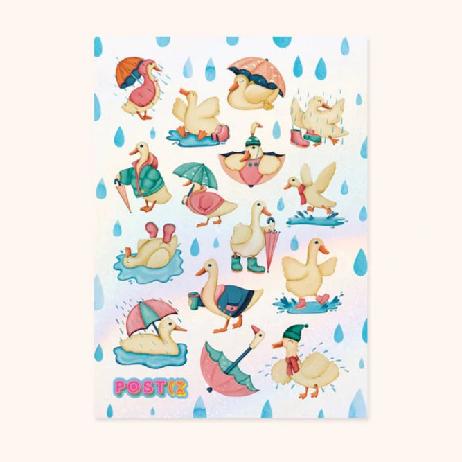 This 4.25" x 5.8" sticker sheet contains 28 stickers of raindrops and ducks playing in the rain.