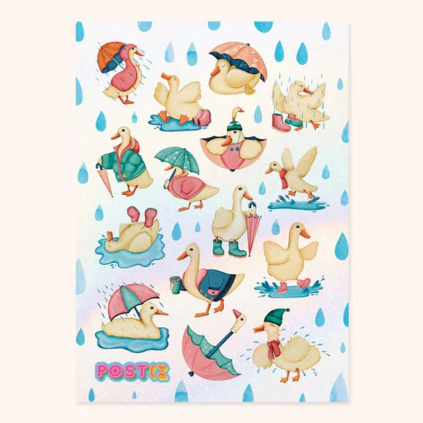 This 4.25" x 5.8" sticker sheet contains 28 stickers of raindrops and ducks playing in the rain.
