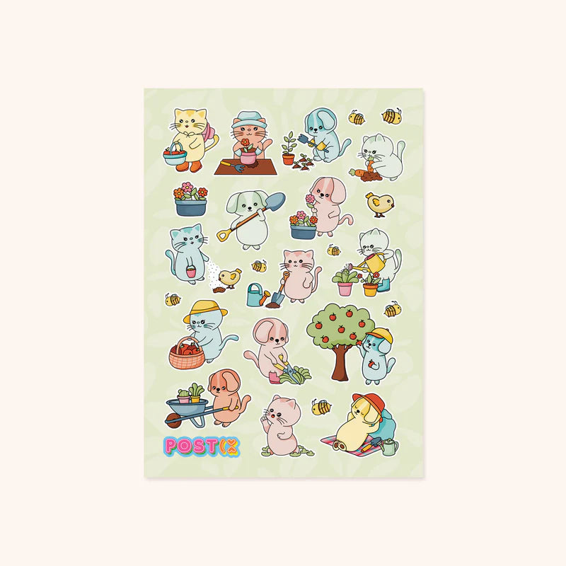 4.25" x 5.8" sheet of 25 stickers featuring cats and dogs doing different gardening activities, from trimming hedges to planting flowers.