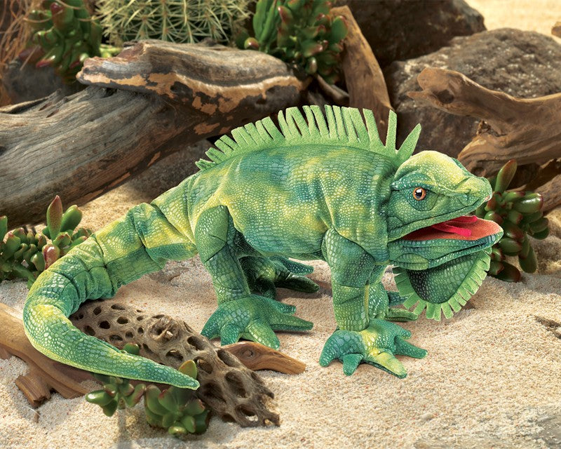 Iguana Puppet with realistic green scaly texture, movable jaws, tongue, and front feet, perfect for lizard lovers.