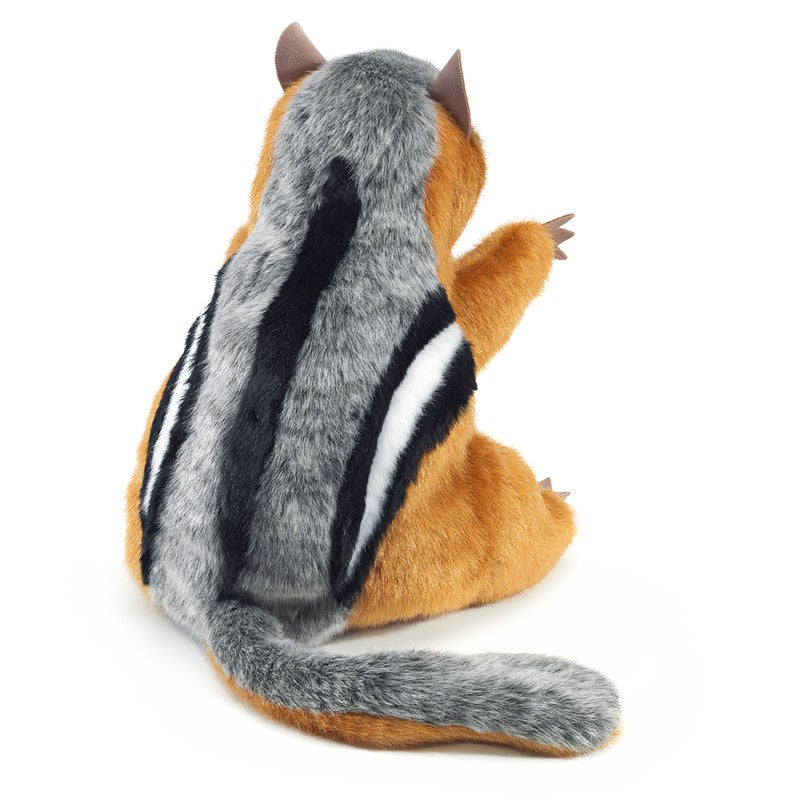 Chipmunk Puppet showing soft fur, signature stripes, bushy tail, and movable head and legs in a friendly woodland design.