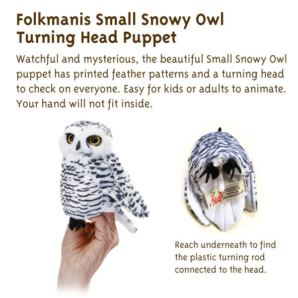Small Snowy Owl puppet with printed feathers and turning head, soft fabric bird toy for children and adults.