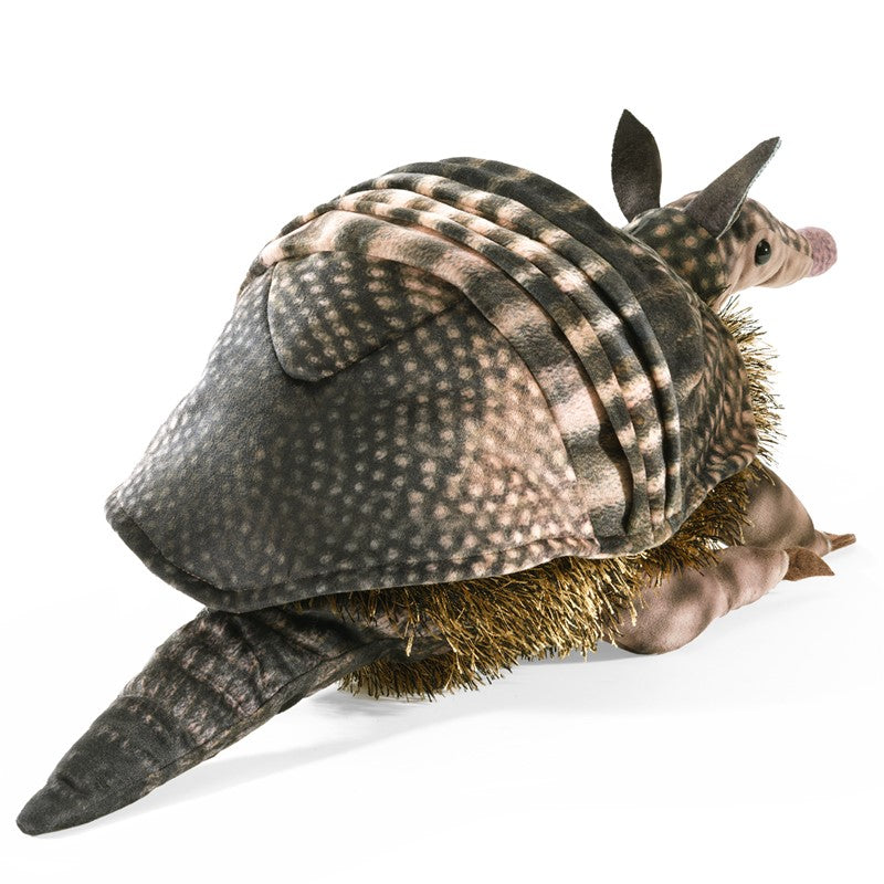 Armadillo Puppet soft fabric hand puppet with detailed banded shell and pine-needle belly for interactive play.