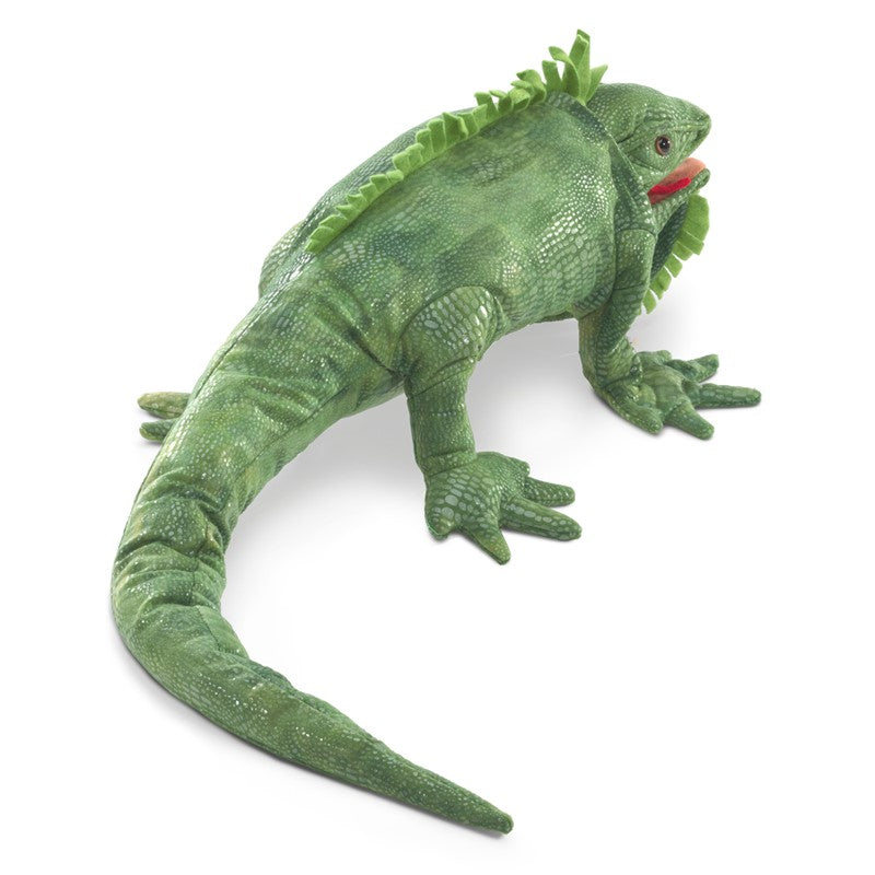 Green Iguana Puppet with soft scaly body, movable tongue, jaws, and front feet, perfect for lizard lovers and kids.