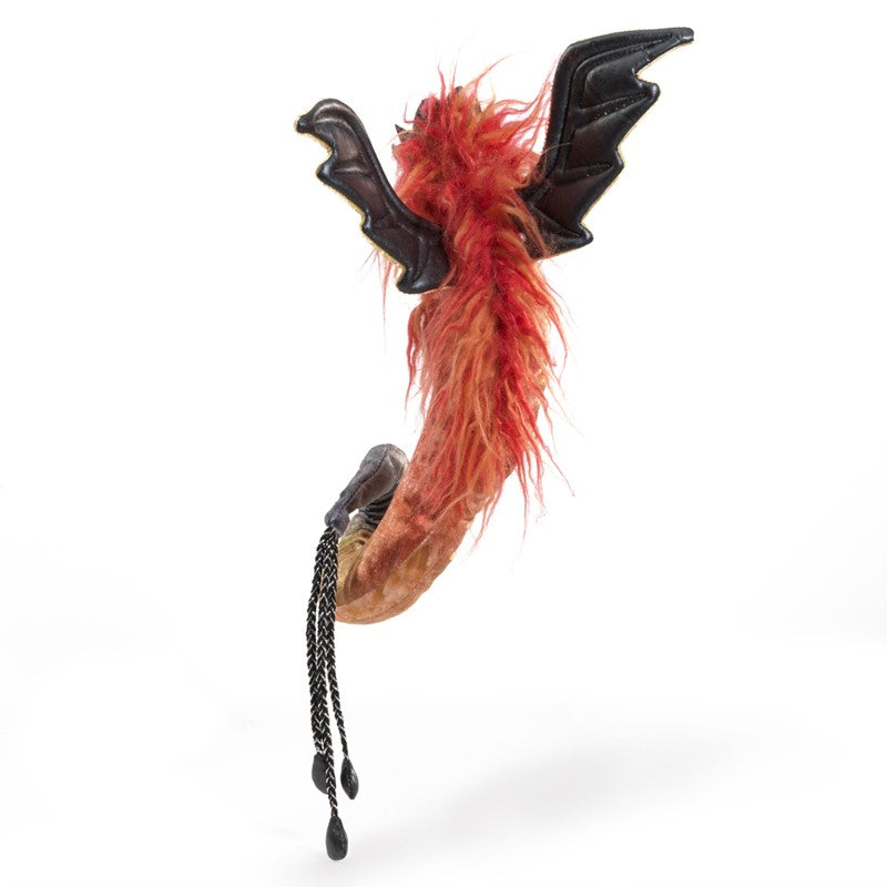 Phoenix Wristlet finger puppet with plush flames, vinyl wings, and magnetic clasp wrapping around the wrist.