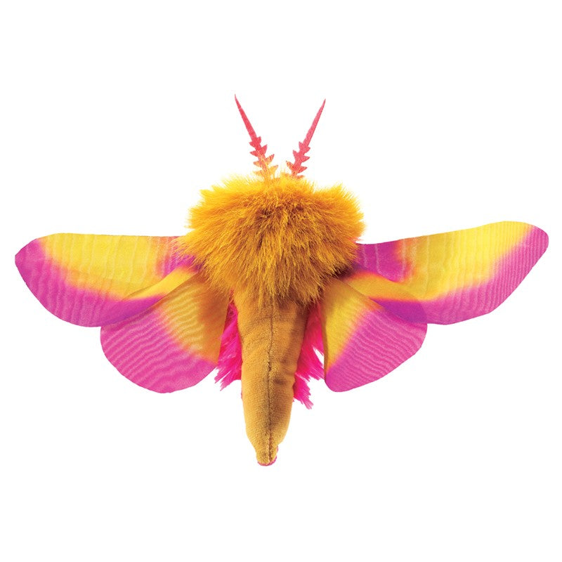 Rosy Maple Moth Finger Puppet with fuzzy body and vibrant pink and yellow wings, perfect for kids ages 3 and up.