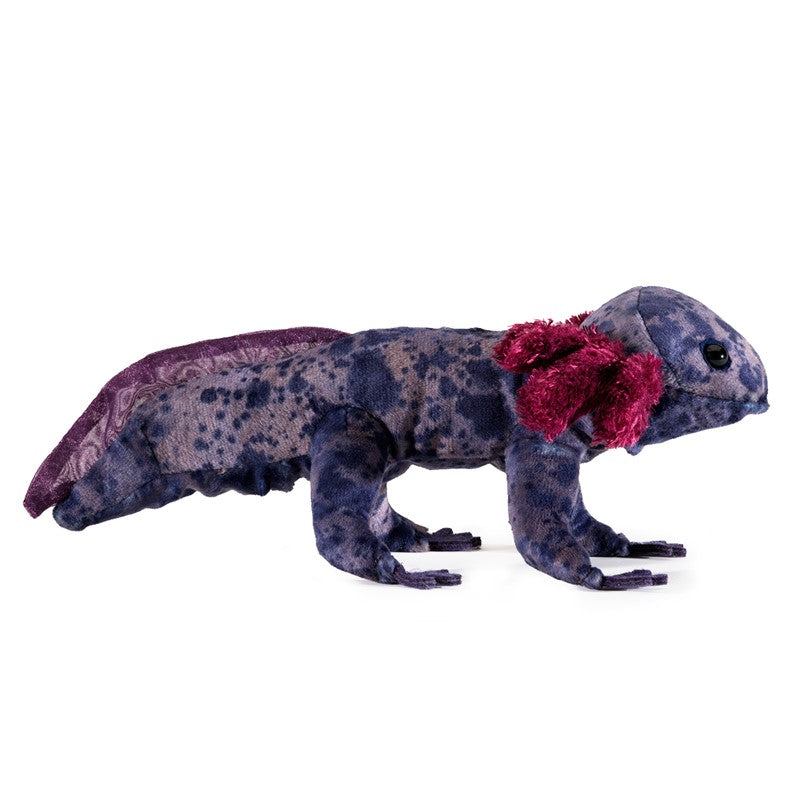 Black Axolotl Puppet plush in dark purple with fuchsia accents, movable head, 8.5 inches long amphibian toy.