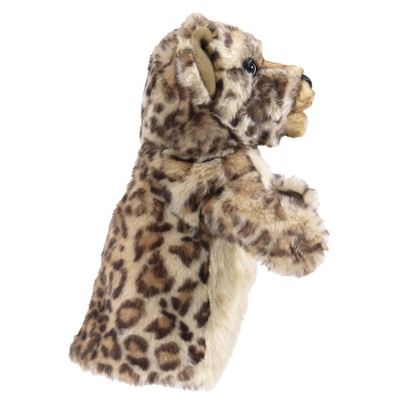 Leopard Cub Stage Puppet with acrylic plush spotted fur, movable mouth, and expressive eyes, perfect for jungle stories.
