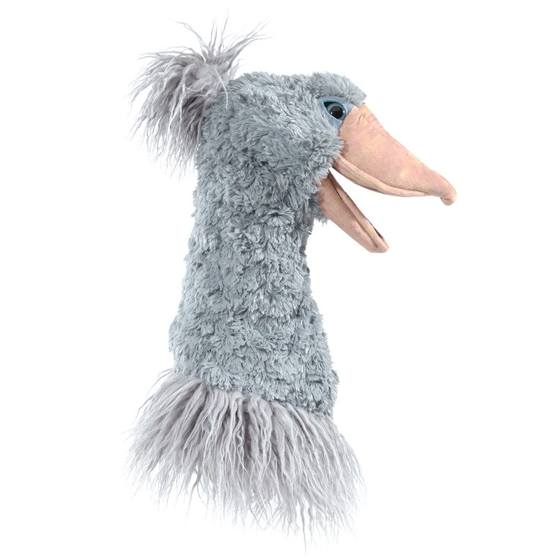 Shoebill Bird Stage Puppet in gray-blue plush with expressive eyes and feathery texture, designed for ages 3 and up.