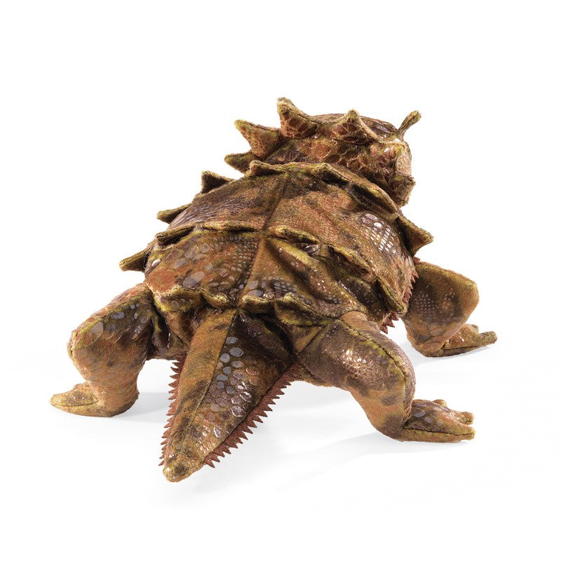 Horned Lizard Puppet showing detailed horns, textured body, and movable limbs for lifelike play and display.