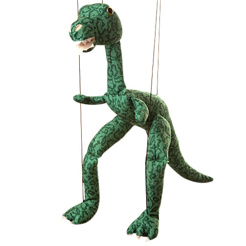 Marionette Small | Green Dinosaur string puppet with tangle-free control bar, approximately 8" tall, playful and friendly design.