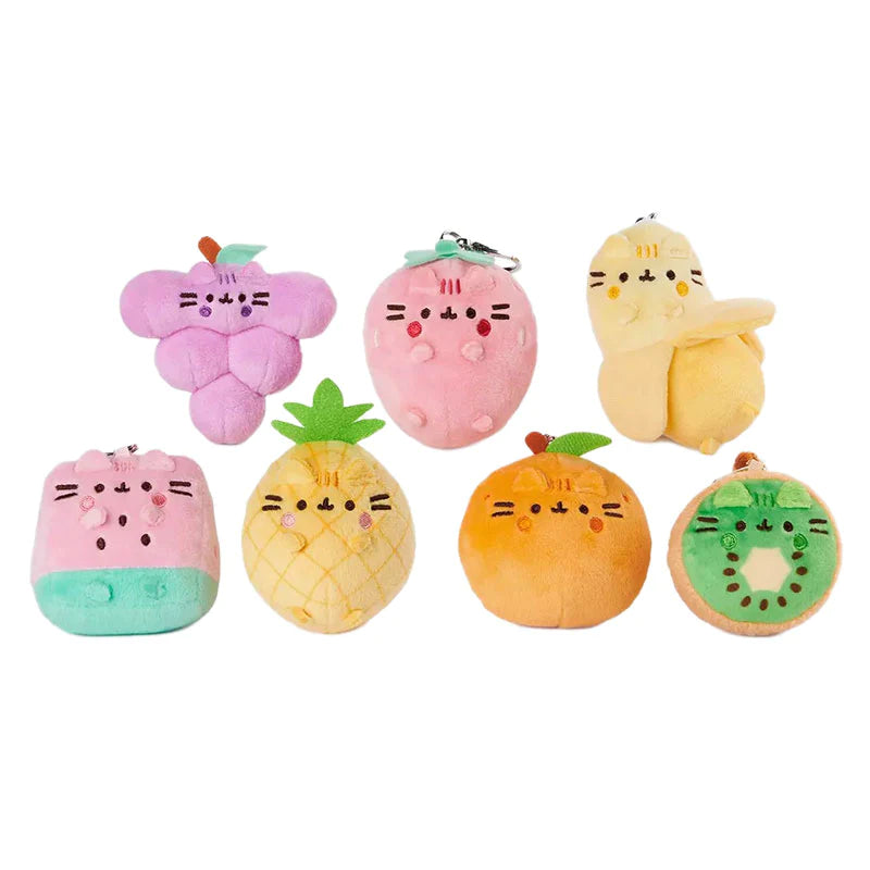 Pusheen Fruit Surprise Blind Box plush collection featuring fruit-themed keychains like grape, strawberry, banana, and kiwi.