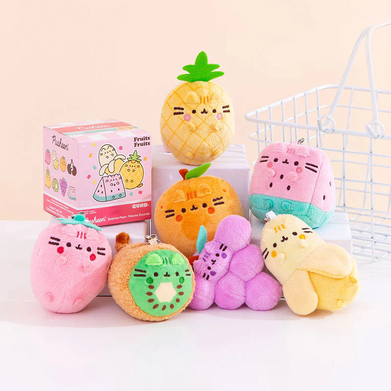 Pusheen Fruit Surprise Blind Box plush toys featuring adorable fruit-themed keychains including pineapple, kiwi, grapes, and more.