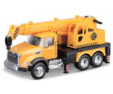 Yellow 4.5 inch Mack Granite series toy crane truck with movable parts and detailed die-cast body design