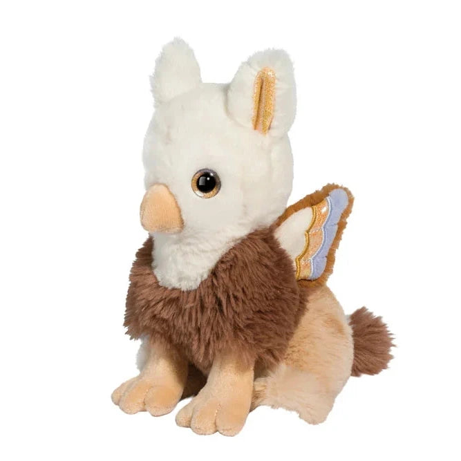 Plush winged animal with a white face, brown furry body, long ears, and a fluffy tail