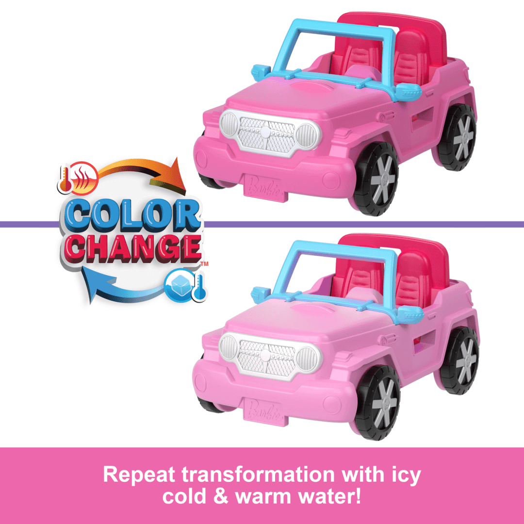 Mini BarbieLand Camping pink toy jeep changes color with icy cold and warm water for imaginative play.