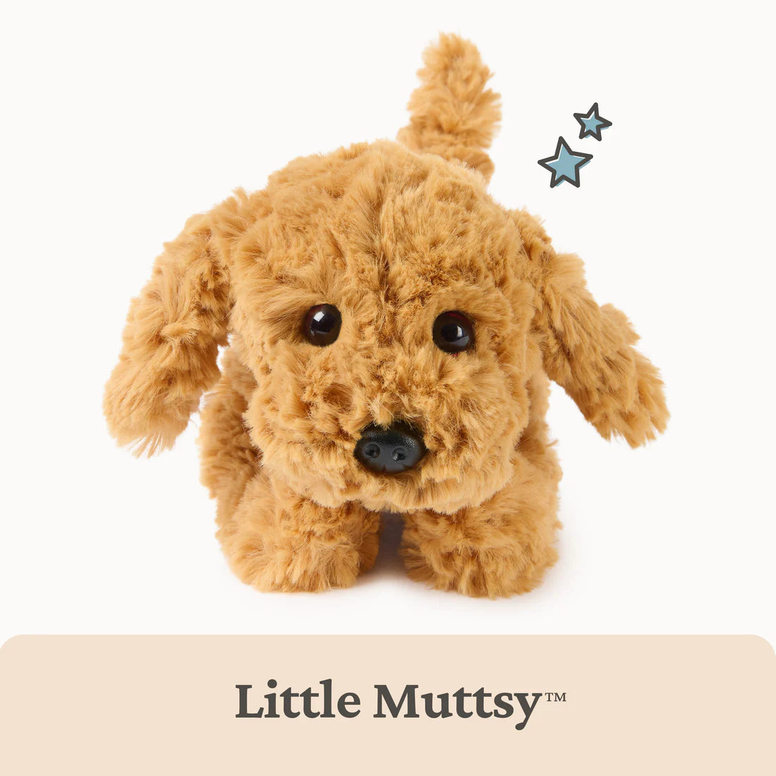 Small plush golden dog with a soft, fluffy texture, perfect for cuddling and sharing on the go