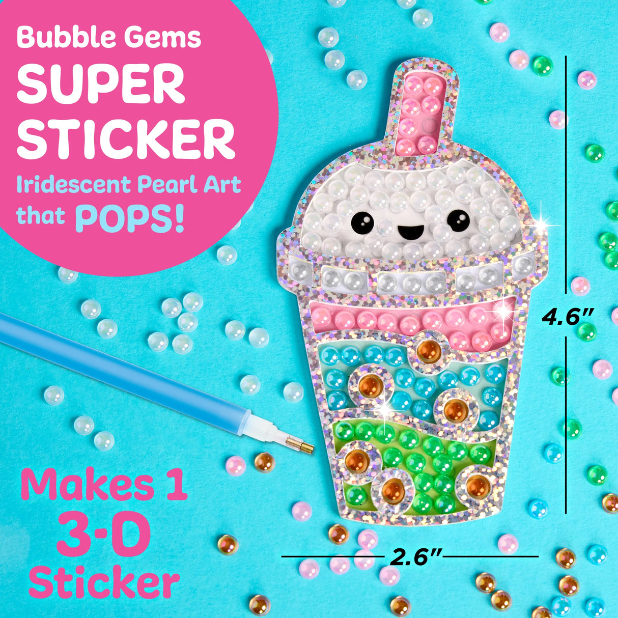 Bubble Gems Super Sticker Bubble Tea craft with colorful bubble gems and no-mess 3-step process for kids ages 6+